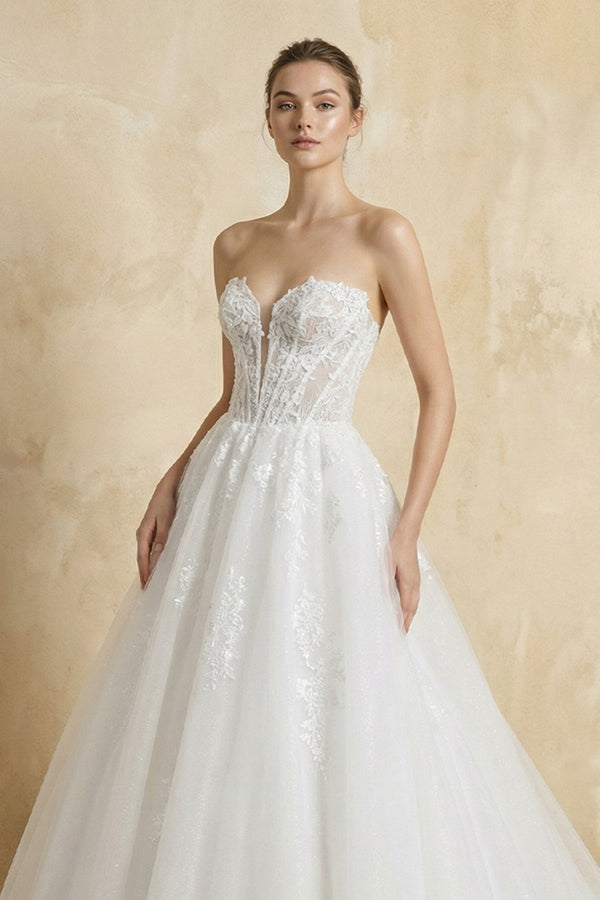 Strapless A Line Tulle Wedding Dress With Appliques in White - KISS BRIDAL Wedding Dresses
