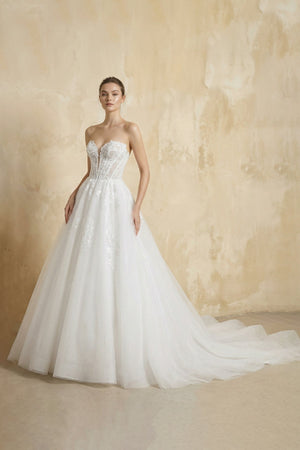 Strapless A Line Tulle Wedding Dress With Appliques in White - KISS BRIDAL Wedding Dresses