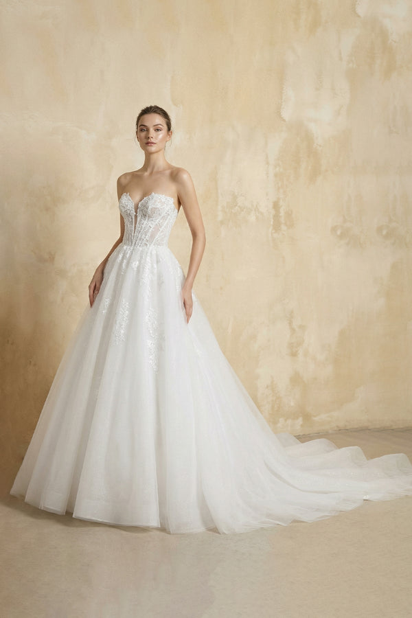 Strapless A Line Tulle Wedding Dress With Appliques in White - KISS BRIDAL Wedding Dresses