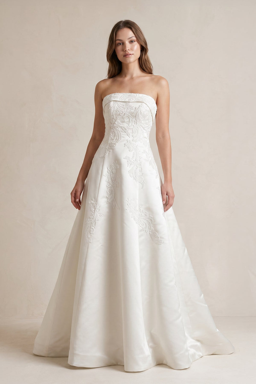 Strapless Ball-Gown Satin Wedding Dress With Appliques in Ivory
