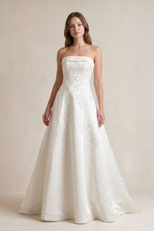 Strapless A Line Satin Wedding Dress With Appliques in Ivory - KISS BRIDAL Wedding Dresses