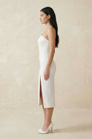 Strapless Crepe Sheath Midi Wedding Dress in White - KISS BRIDAL Wedding Dresses