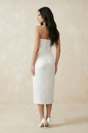 Strapless Crepe Sheath Midi Wedding Dress in White - KISS BRIDAL Wedding Dresses