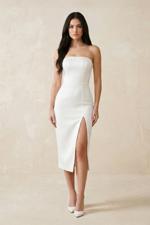 Strapless Crepe Sheath Midi Wedding Dress in White - KISS BRIDAL Wedding Dresses