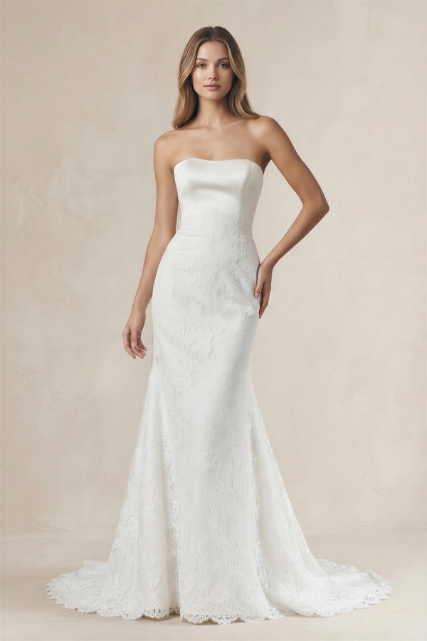 Strapless Lace Mermaid Wedding Dress in White - KISS BRIDAL Wedding Dresses