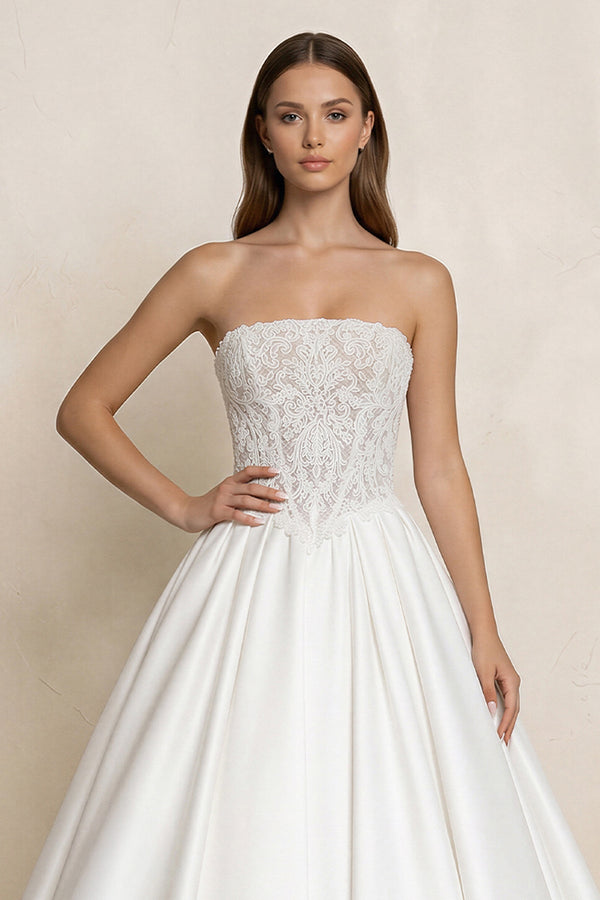 Strapless Lace Satin Corset Ball Gown Wedding Dress in White - KISS BRIDAL Wedding Dresses