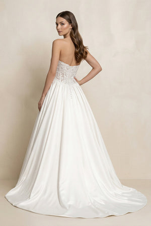 Strapless Lace Satin Corset Ball Gown Wedding Dress in White - KISS BRIDAL Wedding Dresses