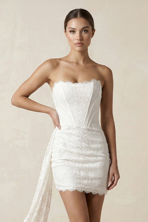 Strapless Lace Sheath Corset Mini Wedding Dress in White - KISS BRIDAL Wedding Dresses