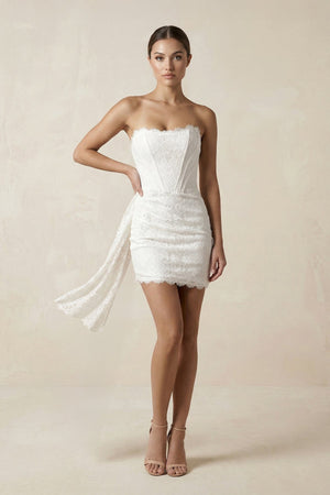 Strapless Lace Sheath Corset Mini Wedding Dress in White - KISS BRIDAL Wedding Dresses