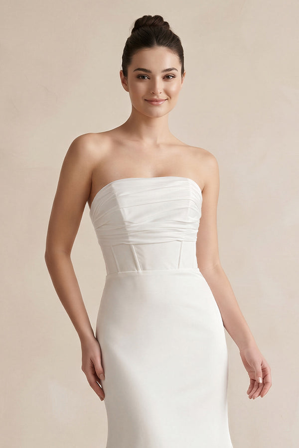 Strapless Mermaid Satin Maxi Wedding Dress in White| KISSBRIDAL 