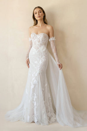 Strapless Mermaid Tulle Wedding Dress With Floral in Ivory - KISS BRIDAL Wedding Dresses