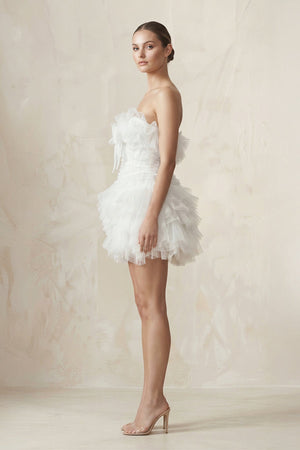 Strapless Organza Ruffled Bow Mini Wedding Dress in White - KISS BRIDAL Wedding Dresses