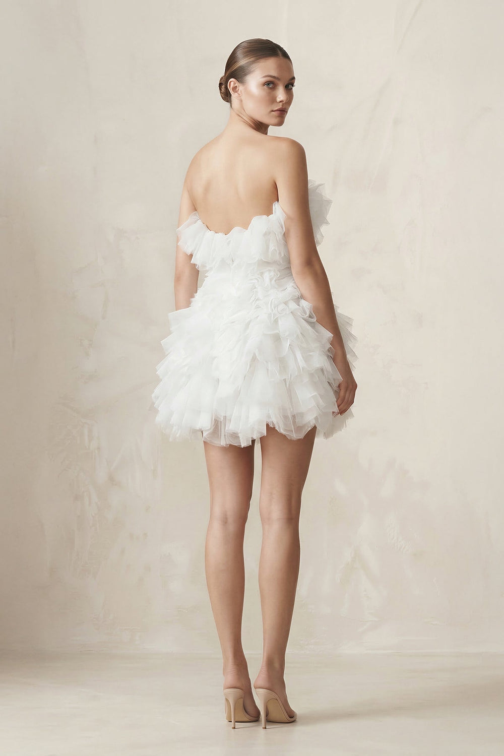 Strapless Organza Ruffled Bow Mini Wedding Dress in White