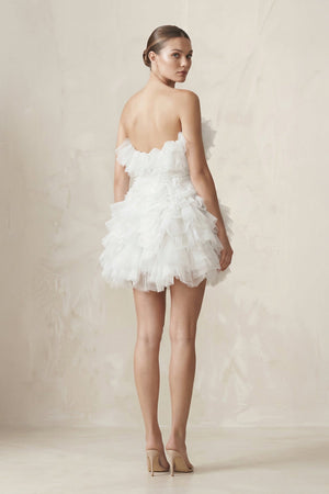 Strapless Organza Ruffled Bow Mini Wedding Dress in White - KISS BRIDAL Wedding Dresses