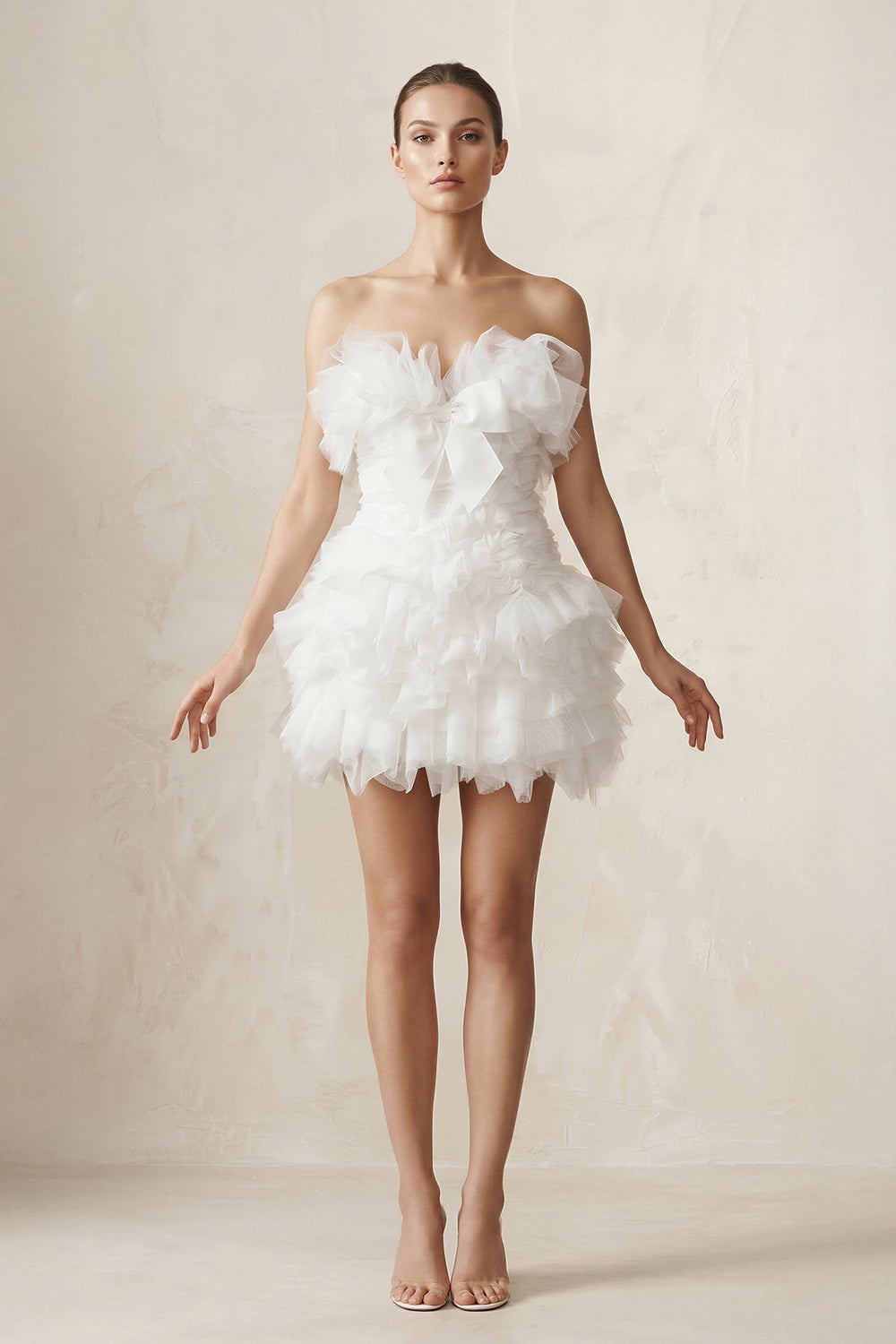 Strapless Organza Ruffled Bow Mini Wedding Dress in White