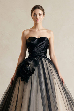 Strapless Ruched A - Line Tulle Wedding Dress With 3D Flower in Black - KISS BRIDAL Wedding Dresses