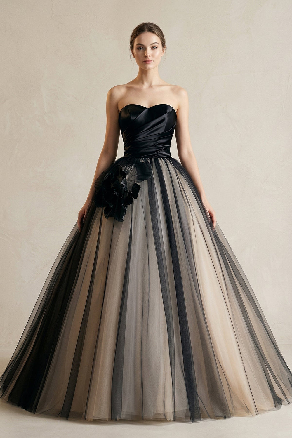 Strapless Ruched A-Line Tulle Wedding Dress With 3D Flower in Black