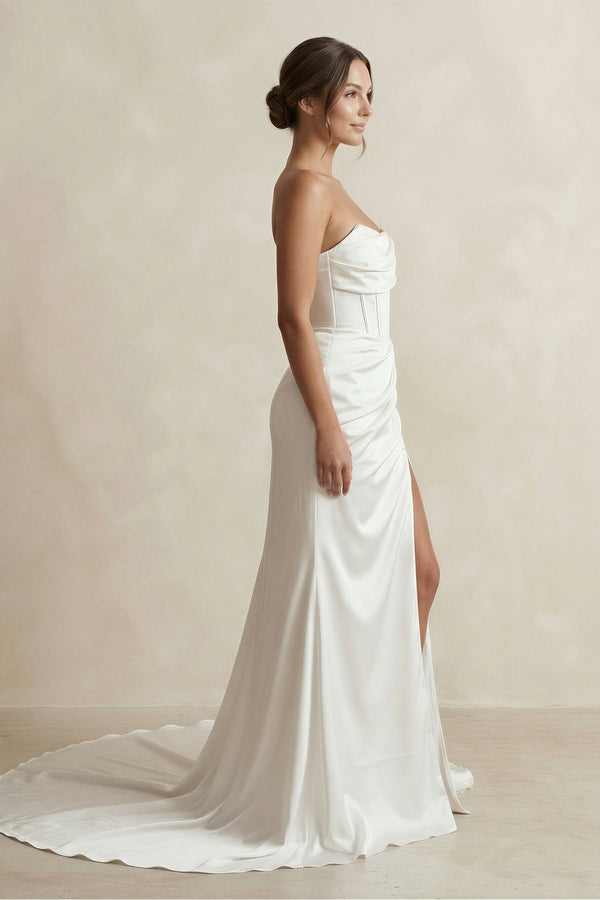 Strapless Ruched Satin Mermaid Wedding Dress with Corset in White - KISS BRIDAL Wedding Dresses