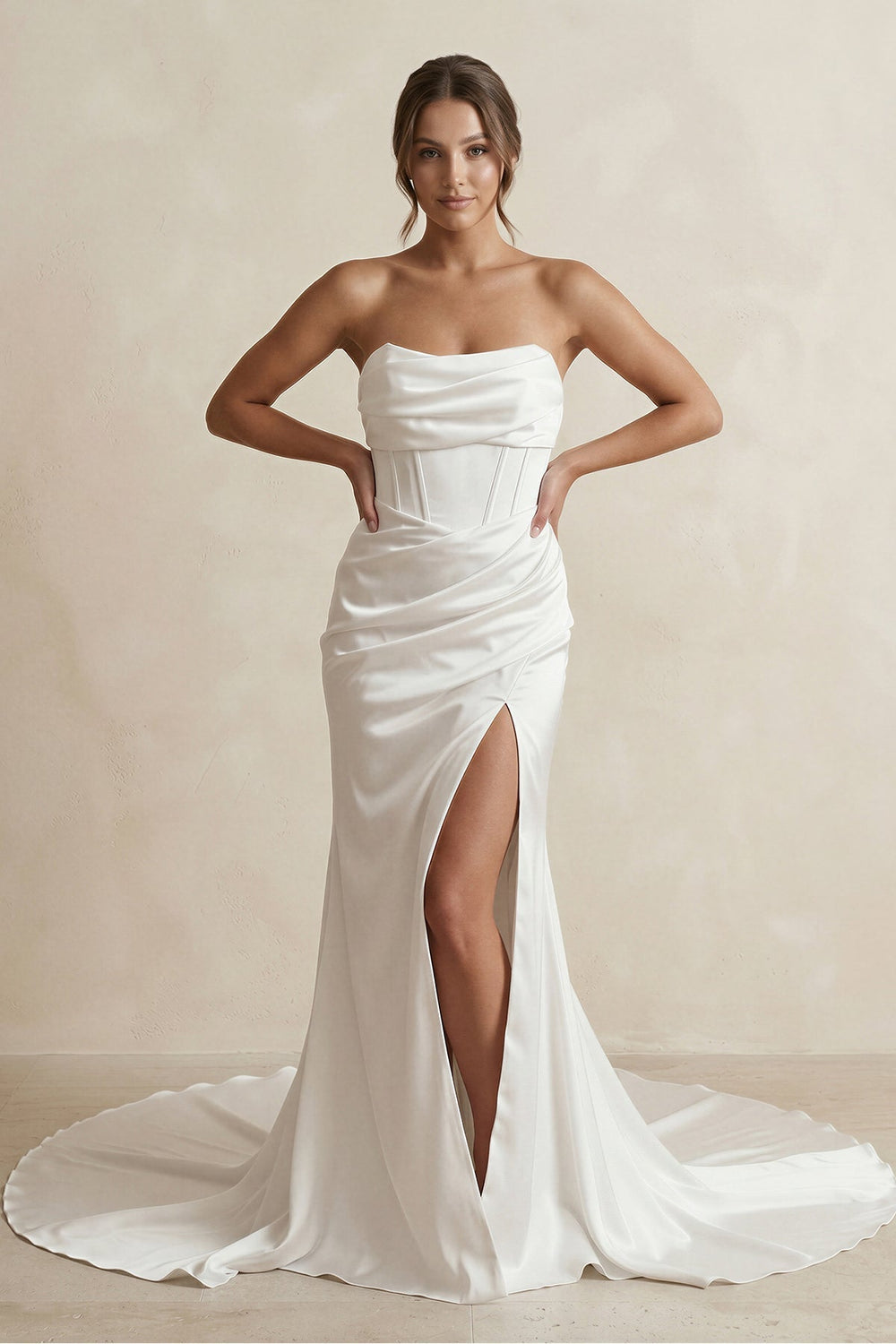Strapless Ruched Satin Mermaid Wedding Dress with Corset in White