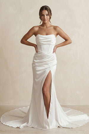Strapless Ruched Satin Mermaid Wedding Dress with Corset in White - KISS BRIDAL Wedding Dresses