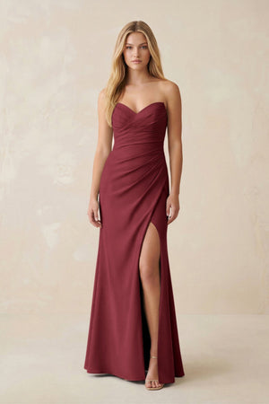 Strapless Ruched Sheath Satin Bridesmaid Dress With Slit in Berry - KISS BRIDAL Bridesmaid Dresses