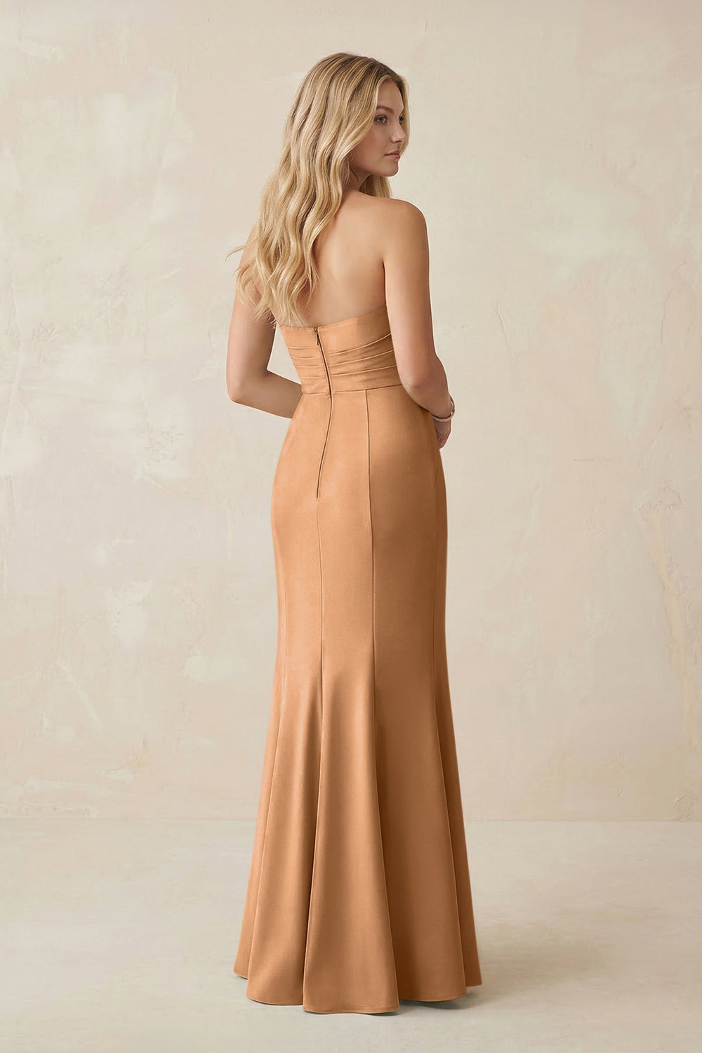 Strapless Ruched Sheath Satin Bridesmaid Dress With Slit in Bronzer