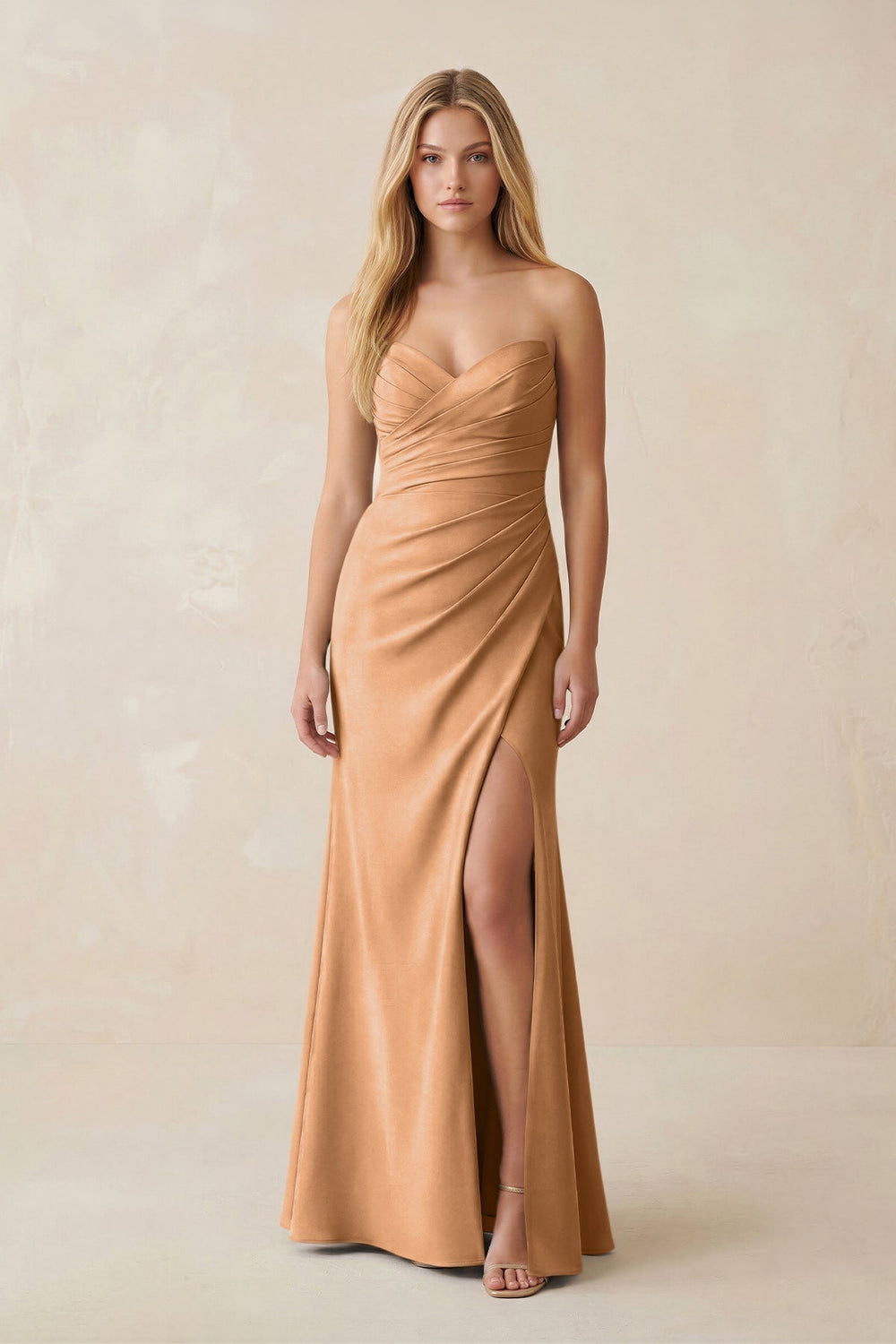 Strapless Ruched Sheath Satin Bridesmaid Dress With Slit in Bronzer