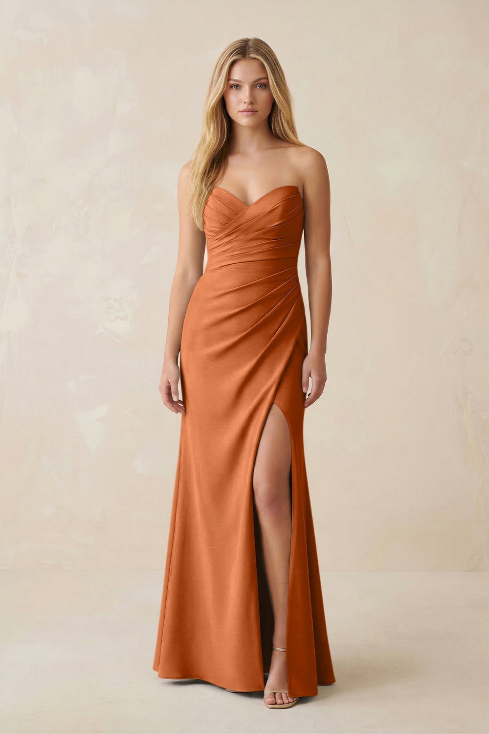 Strapless Ruched Sheath Satin Bridesmaid Dress With Slit in Brown