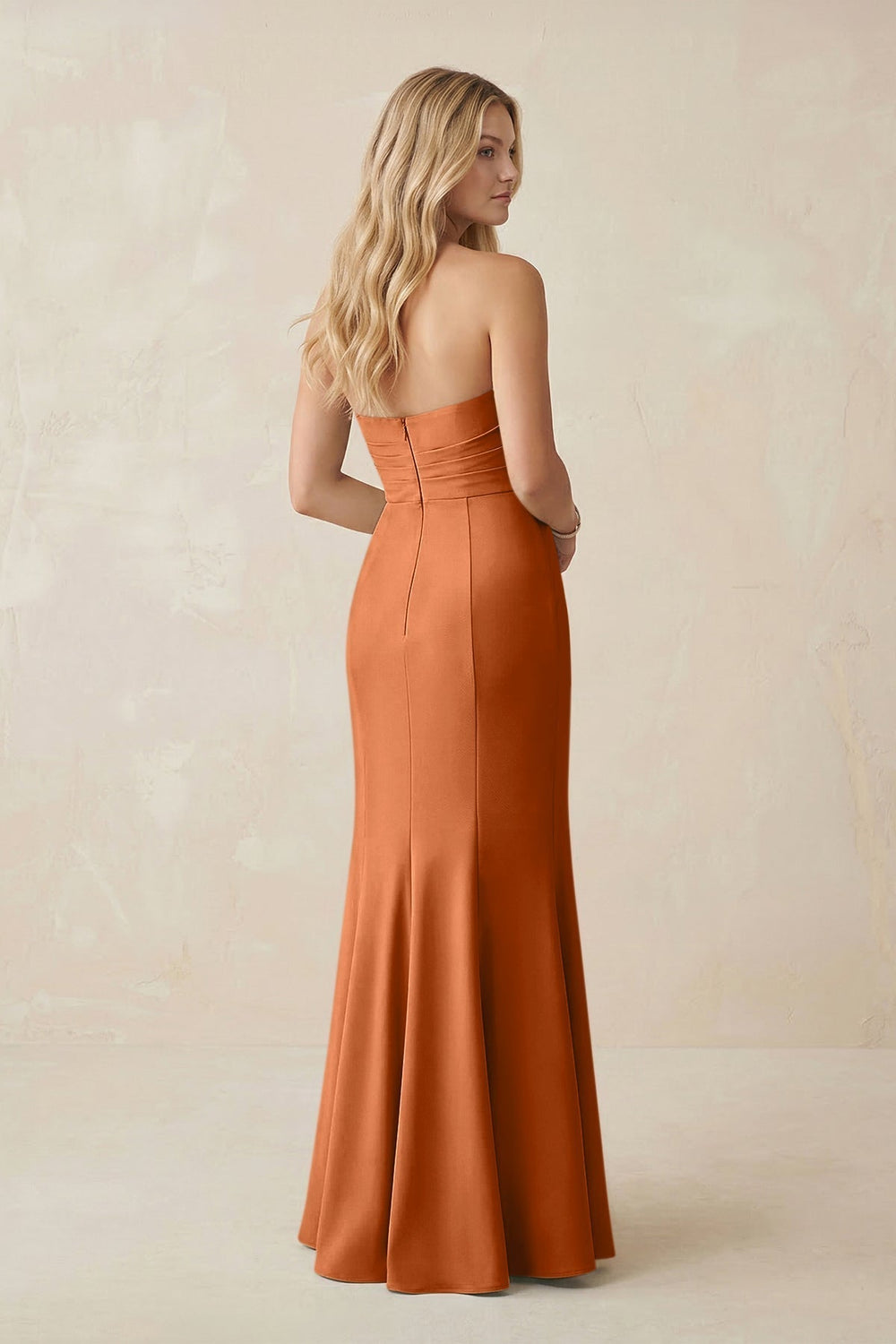 Strapless Ruched Sheath Satin Bridesmaid Dress With Slit in Brown