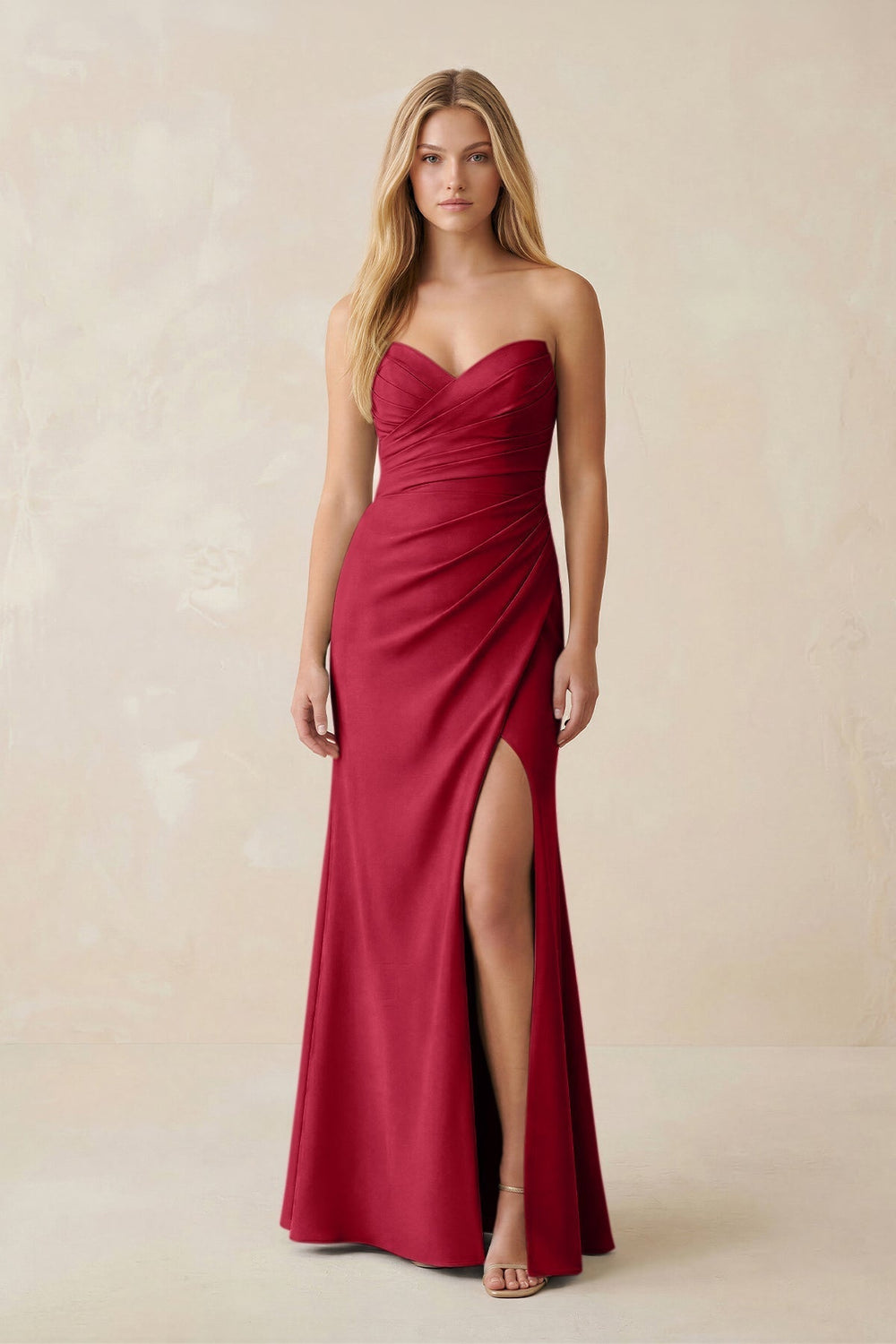 Strapless Ruched Sheath Satin Bridesmaid Dress With Slit in Burgundy