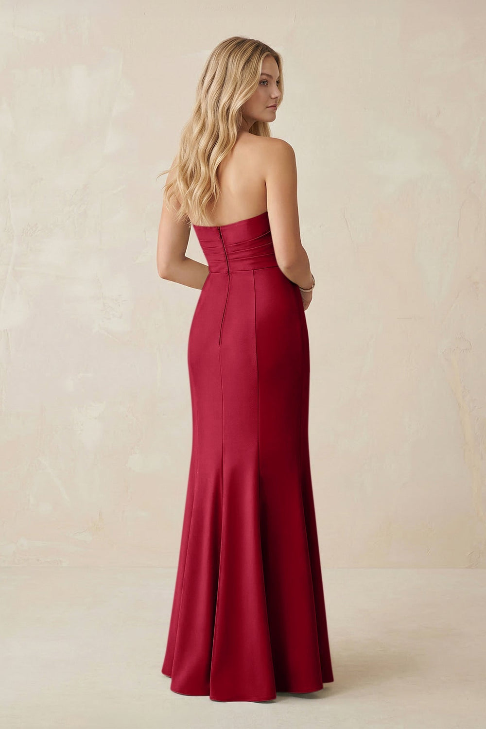 Strapless Ruched Sheath Satin Bridesmaid Dress With Slit in Burgundy