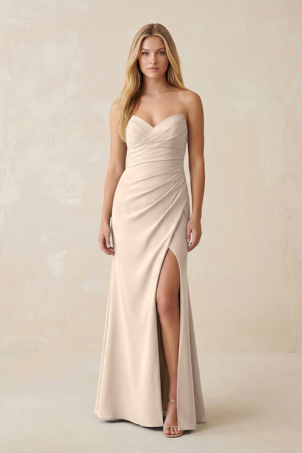 Strapless Ruched Sheath Satin Bridesmaid Dress With Slit in Champagne