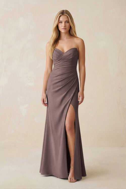 Strapless Ruched Sheath Satin Bridesmaid Dress With Slit in Espresso - KISS BRIDAL Bridesmaid Dresses