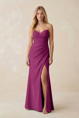 Strapless Ruched Sheath Satin Bridesmaid Dress With Slit in Fig - KISS BRIDAL Bridesmaid Dresses