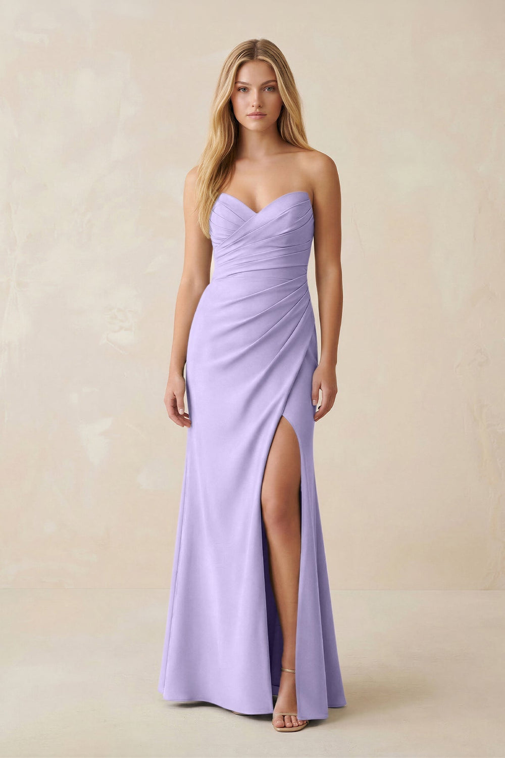 Strapless Ruched Sheath Satin Bridesmaid Dress With Slit in Lavender