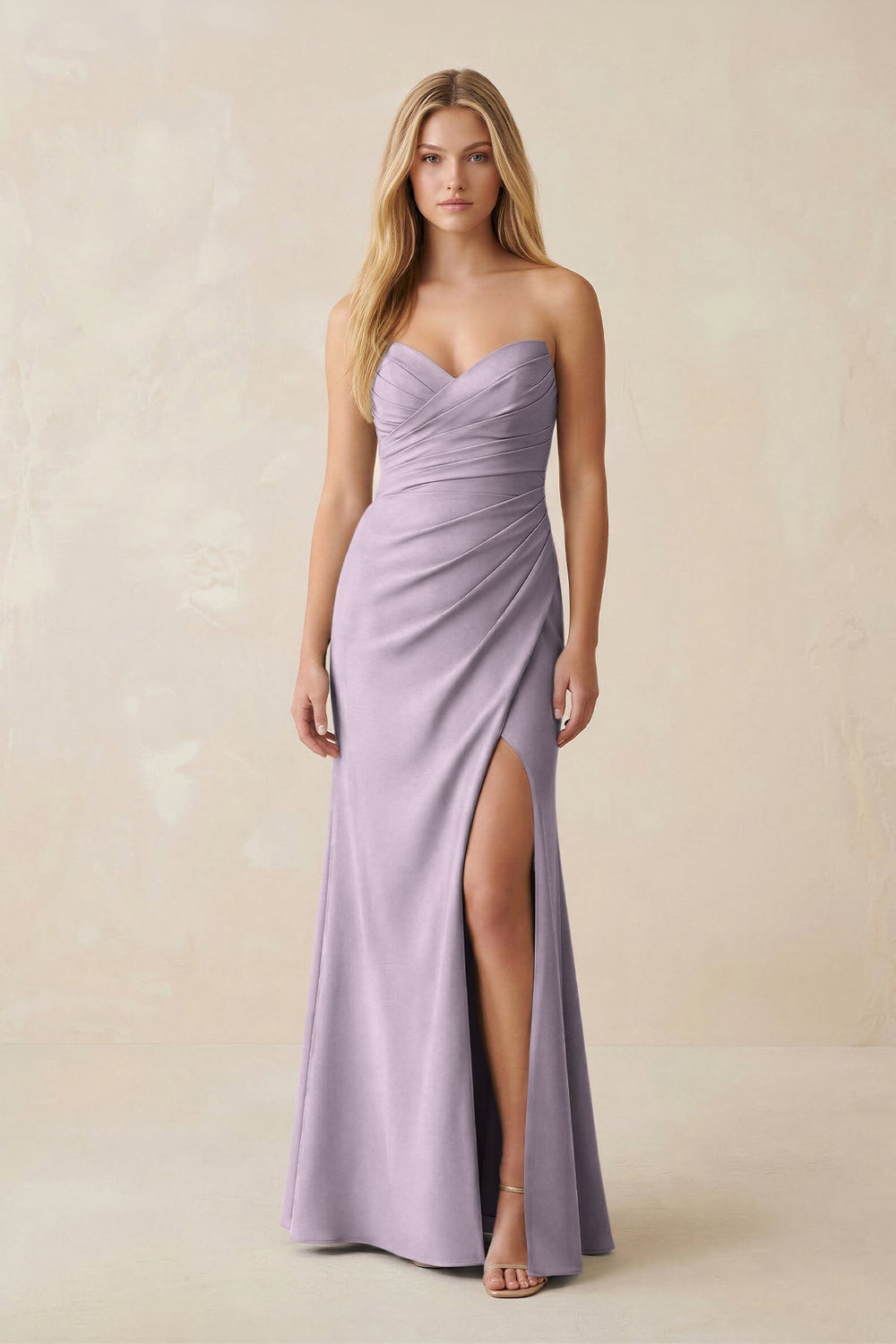 Strapless Ruched Sheath Satin Bridesmaid Dress With Slit in Lavender Grey