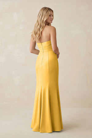 Strapless Ruched Sheath Satin Bridesmaid Dress With Slit in Marigold - KISS BRIDAL Bridesmaid Dresses