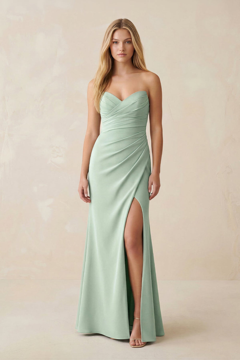 Strapless Ruched Sheath Satin Bridesmaid Dress With Slit in Matcha