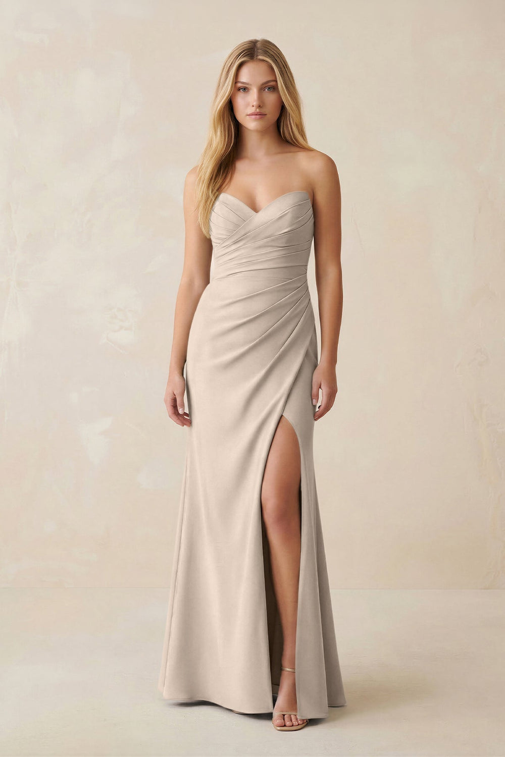 Strapless Ruched Sheath Satin Bridesmaid Dress With Slit in Neutral Champagne