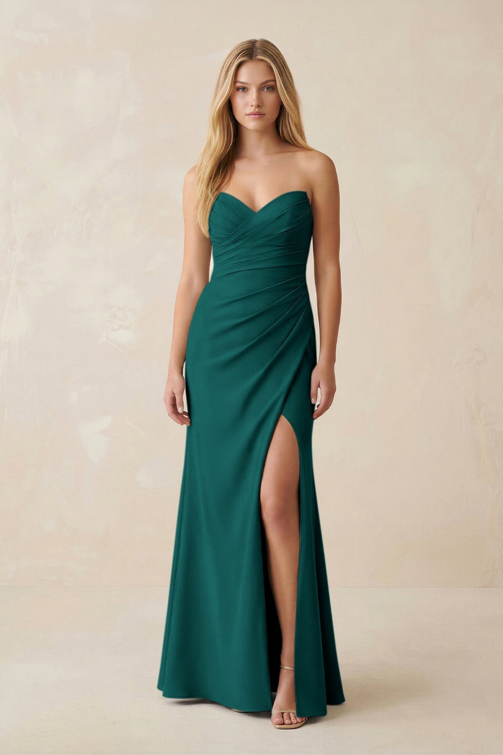 Strapless Ruched Sheath Satin Bridesmaid Dress With Slit in Pine