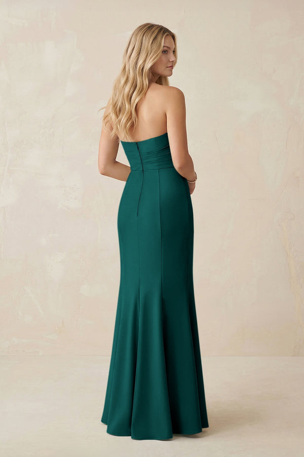 Strapless Ruched Sheath Satin Bridesmaid Dress With Slit in Pine - KISS BRIDAL Bridesmaid Dresses
