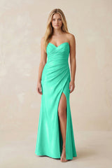 Strapless Ruched Sheath Satin Bridesmaid Dress With Slit in Turquoise - KISS BRIDAL Bridesmaid Dresses