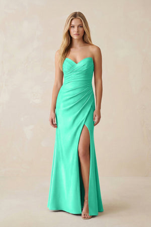Strapless Ruched Sheath Satin Bridesmaid Dress With Slit in Turquoise - KISS BRIDAL Bridesmaid Dresses