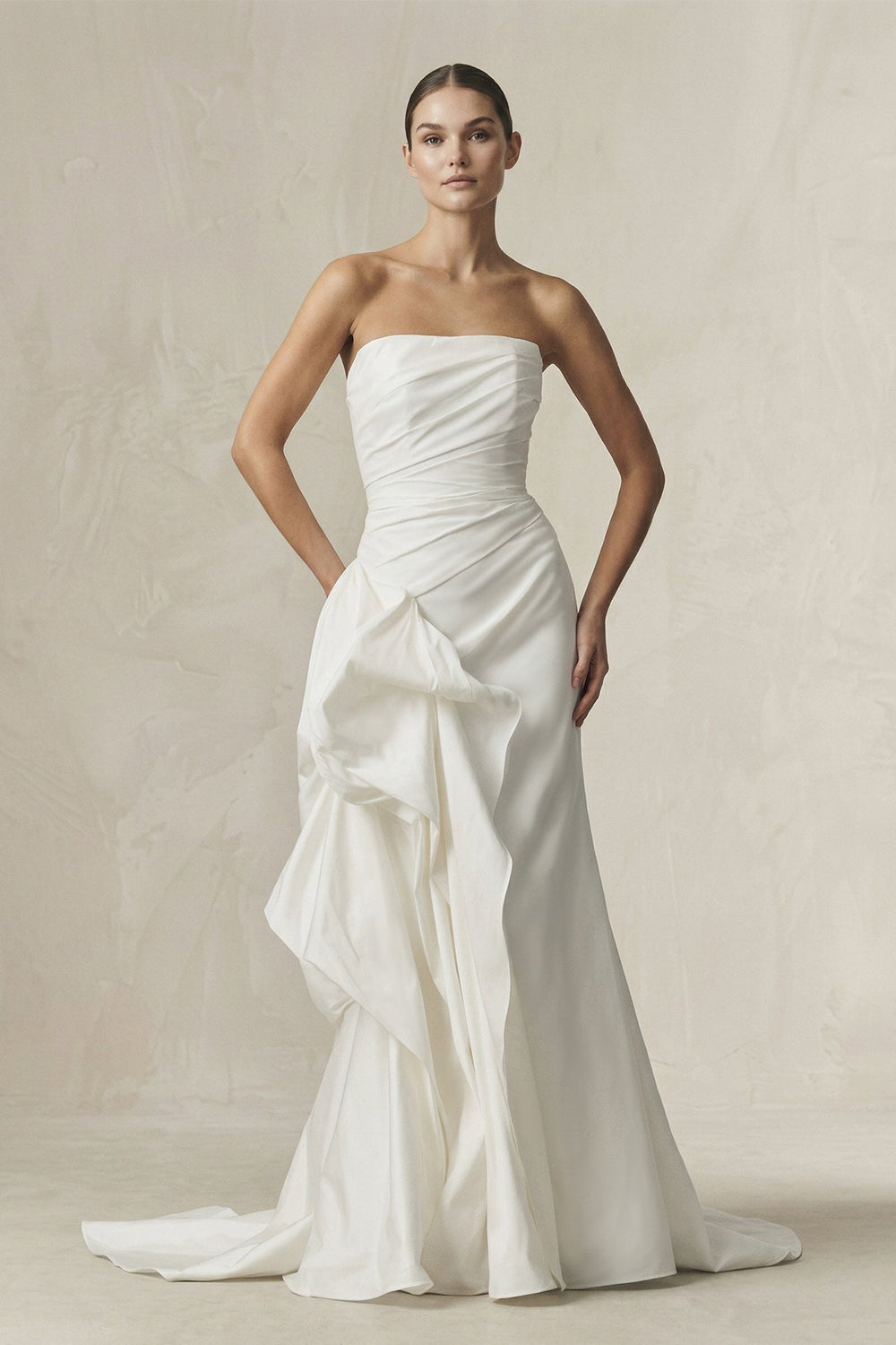 Strapless Ruffled Mermaid Satin Wedding Dress in White
