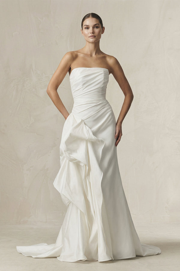 Strapless Ruffled Mermaid Satin Wedding Dress in White - KISS BRIDAL Wedding Dresses