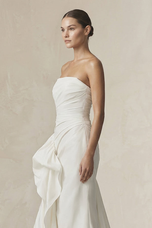 Strapless Ruffled Mermaid Satin Wedding Dress in White - KISS BRIDAL Wedding Dresses