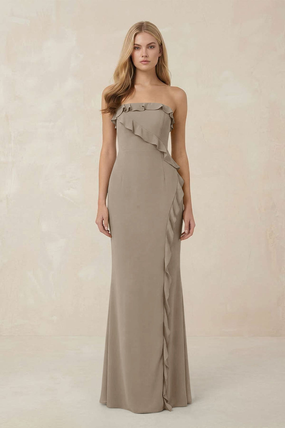 Strapless Ruffled Sheath Bridesmaid Dress in Almond