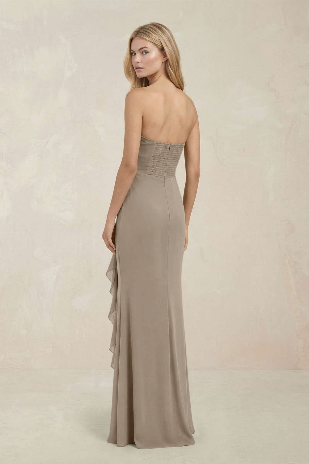 Strapless Ruffled Sheath Bridesmaid Dress in Almond
