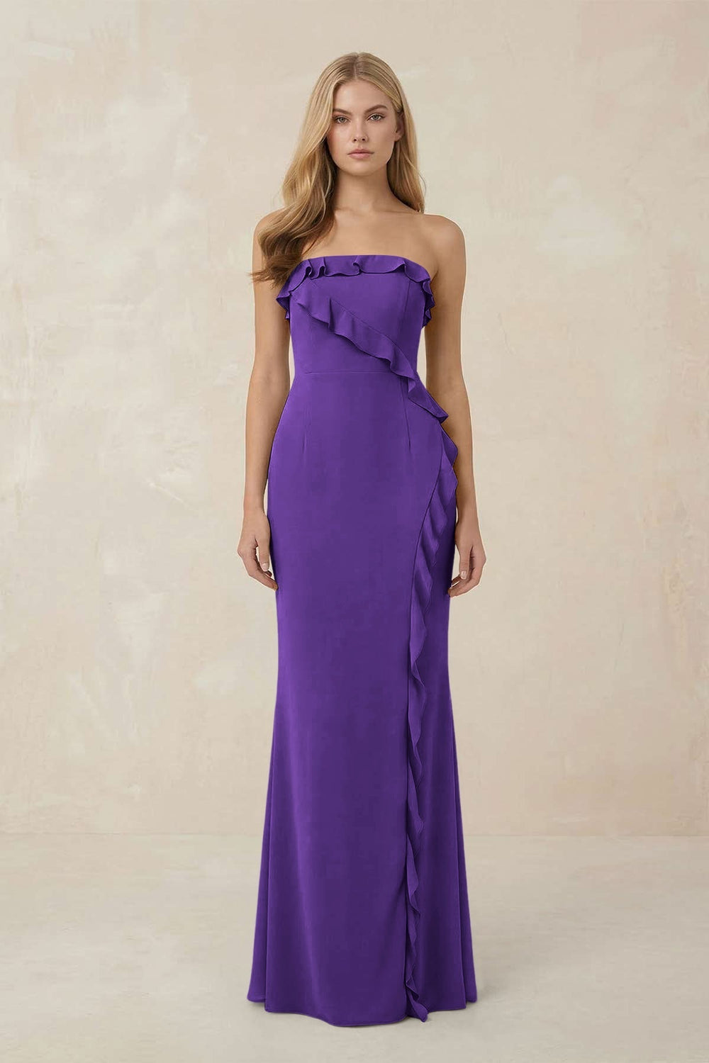 Strapless Ruffled Sheath Bridesmaid Dress in Amethyst