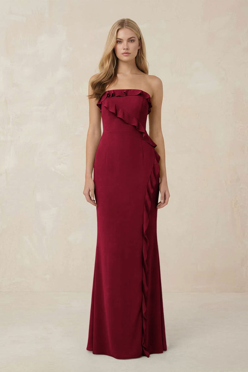 Strapless Ruffled Sheath Bridesmaid Dress in Berry